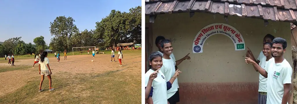 (Youth Football team spreads awareness on gender mainstreaming and nutrition security. The youth show us a new facility built in their village ‘Nutrition Education and Information Centre)